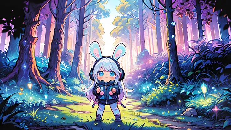 Long distance shot,Anime white-haired girl wearing sci-fi headphones,Wearing rabbit ears, Cyberpunk outfit, Cute stuffed rabbit,　fantasy,Ancient ruins, Forest, Various planets, Cute art style, Anime style 4k, vivid color,　style of psychedelic