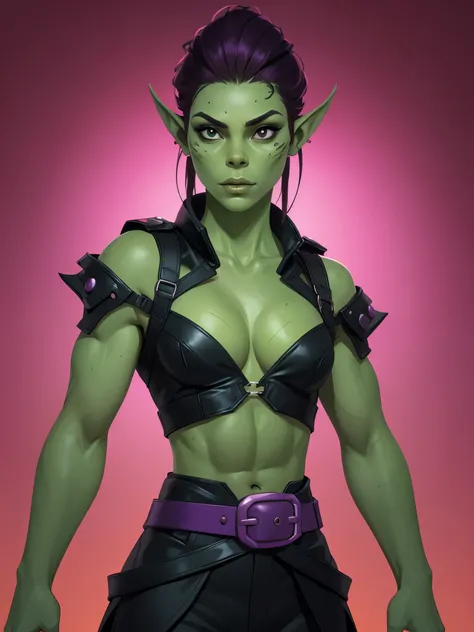 one githyanki girl, githyanki, (green skin, pointy ears, long ears:1.5), solo, (slender body:1.2), (muscular, upper body, bust:1.2), black eyes, black hair, (revealing outfit, tiny breasts, small breasts, male chest, cleavage, exposed body:1.5), bare shoul...