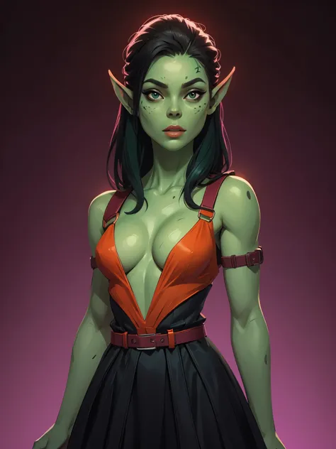 one githyanki girl, githyanki, (green skin, pointy ears, long ears:1.5), solo, (slender body:1.2), (muscular, upper body, bust:1.2), black eyes, black hair, (transparent dress, revealing outfit, tiny breasts, small breasts, male chest, cleavage, exposed bo...