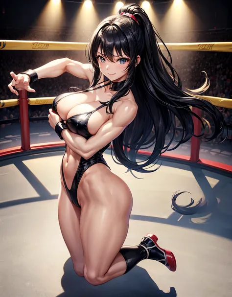 beautiful girl、Fighter、Black Hair、long hair、Big Breasts、sexy、Sexy、gentle smile、Racy leotard、High leg、Wristband、Open Finger Gloves、Long shoes、canvaat、On the Ring、Match in the ring、venue、Are standing、The whole body is visible、Abdominal muscles、Stance、Fightin...