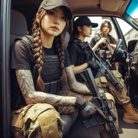 (best quality,8k,photorealistic:1.37),realistic skin texture,beautiful Japanese American Navy SEALs female member,automatic rifle,breaching team,faces,front of a personnel transport van,cap,braids,military pants,boots,tattoo,black T-shirt,body armor,lookin...