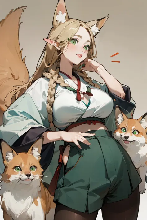 solitary,  (Fox ears), Exquisite eyes, Facial details, Green Eyes, Red Eyeshadow, lips are red,  Fake laugh, Ukiyo-e, masterpiece, high quality, at a minimum, Huge breasts，shorts，Black tights