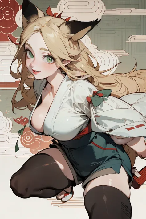 solitary,  (Fox ears), Exquisite eyes, blond hair，Facial details, Green Eyes, Red Eyeshadow, lips are red,  Fake laugh, Ukiyo-e, masterpiece, high quality, at a minimum, big breasts，shorts，Black tights