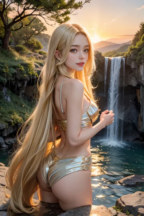 Spectacular views, Standing in front of a waterfall cascading down from a high mountain,美しいBlonde woman,silky platinum blonde hair,Ultra-realistic sunset images.The waterfall falls from a great height, The gold and orange of the sun illuminates the crystal...