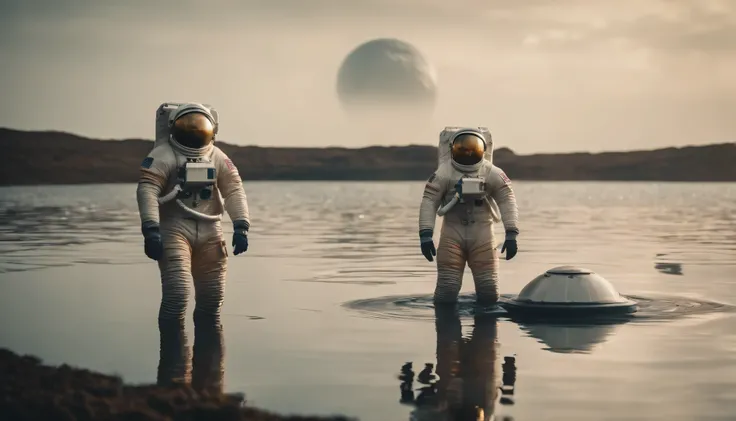 3 astronaut and their spaceship Standing on the water surface on another planet, vintage style, very beautiful view of water 