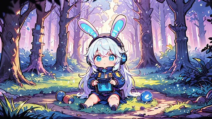 Long distance shot,Anime white-haired girl wearing sci-fi headphones,Wearing rabbit ears, Cyberpunk outfit, Cute stuffed rabbit,　fantasy,Ancient ruins, Forest, Various planets, Cute art style, Anime style 4k, vivid color,　style of psychedelic