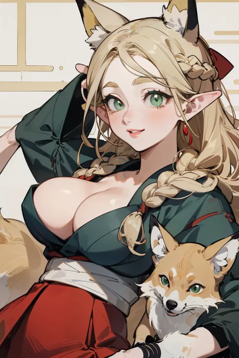 solitary,  (Fox ears), Exquisite eyes, blond hair，Facial details, Green Eyes, Red Eyeshadow, lips are red,  Fake laugh, Ukiyo-e, masterpiece, high quality, big breasts，Red skirt，Black tights