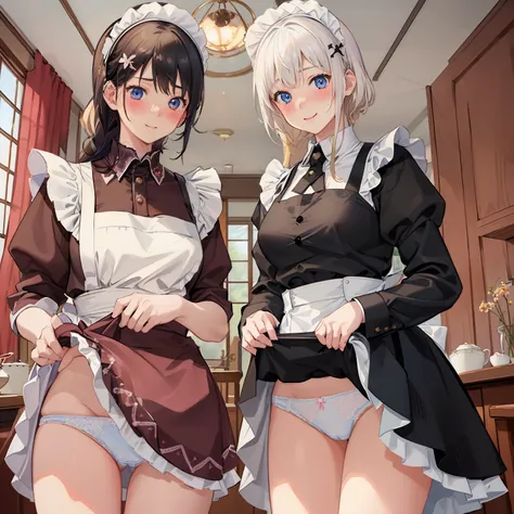 highest quality、masterpiece、((2 girls))、((smile))、(blush:1.3)、Black Shirt、blouse、((fun!!))、(Small breasts)、(single braid)、(Blonde)、()、((White apron:1.5))、((Maid))、((hair ornaments)),、Kamimei、look at me、 ((in house:1.5))、 Taking a break from watching the au...