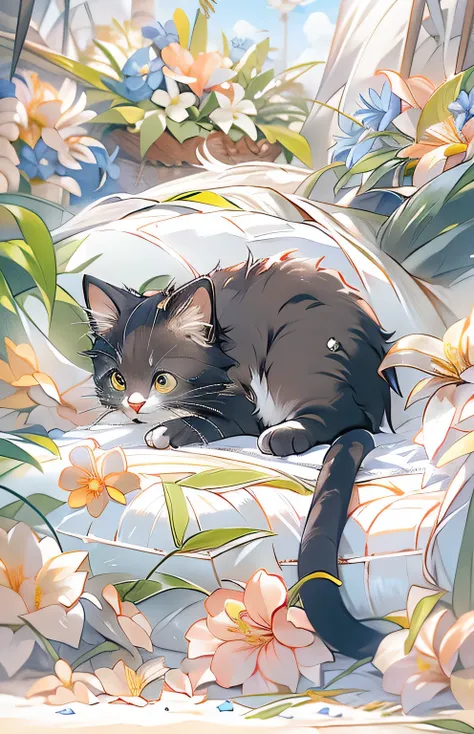 ((highest quality)), ((masterpiece)), (Get used to it),  Cat , Lots of flowers in the background , Are sleeping ,