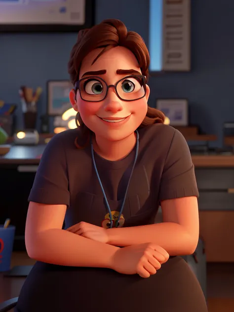 Disney Pixar Style Poster, alta qualidade, melhor qualidade, 20 year old brunette with glasses 