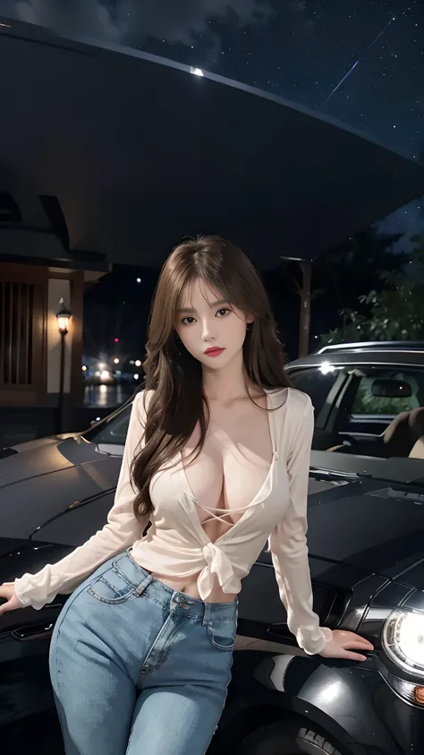 full hd 8k, Girl standing in front of a dark night scene, full moonlight reflecting on her beautiful face. Her long, silky hair was gently blown by the night wind, creating a gentle and romantic feeling. Next to her is a luxury car, showing her success and...