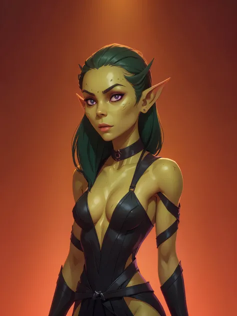 one githyanki girl, githyanki, (green skin, pointy ears, long ears:1.5), solo, (slender body:1.2), (muscular, upper body, bust:1.2), black eyes, black hair, (transparent dress, revealing outfit, tiny breasts, small breasts, male chest, cleavage, exposed bo...