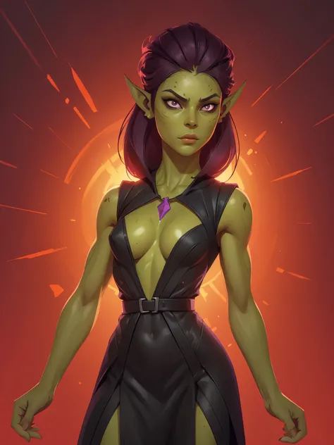 one githyanki girl, githyanki, (green skin, pointy ears, long ears:1.5), solo, (slender body:1.2), (muscular, upper body, bust:1.2), black eyes, black hair, (transparent dress, revealing outfit, tiny breasts, small breasts, male chest, cleavage, exposed bo...