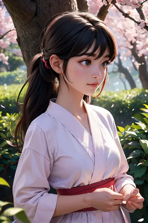 Imagina a Ranma-chan en un momento de calma en medio de un campo de cerezos en flor.. ella esta en su forma femenina, con su largo cabello rojo que fluye atrapando la suave brisa. His eyes express a mix of determination and serenity as he prepares for a ma...