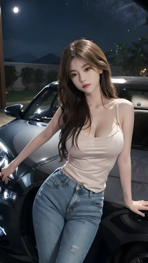 full hd 8k, Girl standing in front of a dark night scene, full moonlight reflecting on her beautiful face. Her long, silky hair was gently blown by the night wind, creating a gentle and romantic feeling. Next to her is a luxury car, showing her success and...