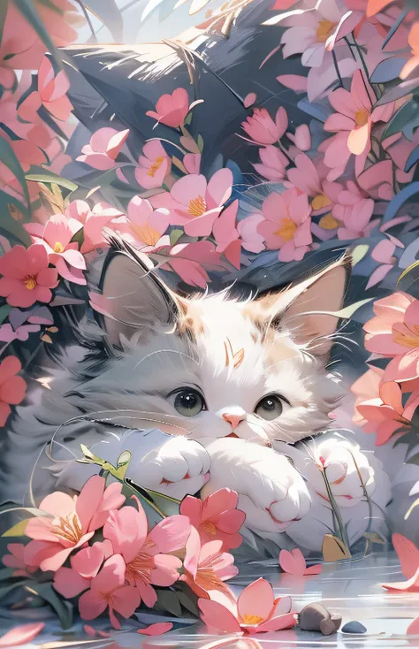 ((highest quality)), ((masterpiece)), (Get used to it),  Cat , Lots of flowers in the background , Close your eyes , Are sleeping ,