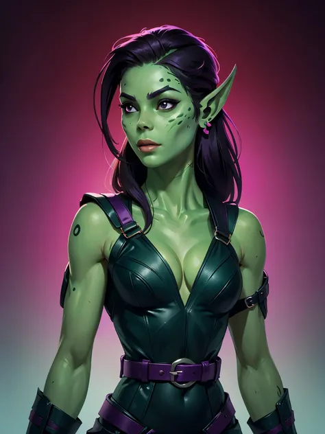 one githyanki girl, githyanki, (green skin, pointy ears, long ears:1.5), solo, (slender body:1.2), (muscular, upper body, bust:1.2), black eyes, black hair, (revealing outfit, tiny breasts, small breasts, male chest, cleavage, exposed body:1.5), bare shoul...