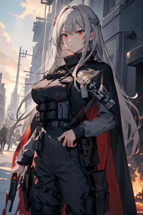 (best quality:1.3), (masterpiece:1.3), (illustration:1.3), (ultra-detailed:1.3), (mid shot:0.9), 1girl, large breasts, red eyes, long hair, ((military uniform, gray hair, cape)), nice hands, perfect hands, black coat, elegant, black uniform, long pants, ha...