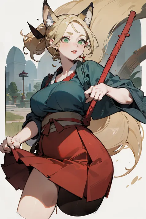 solitary,  (Fox ears), Exquisite eyes, blond hair，Facial details, Green Eyes, Red Eyeshadow, lips are red,  Fake laugh, Ukiyo-e, masterpiece, high quality, big breasts，Red skirt，Black tights，High heel