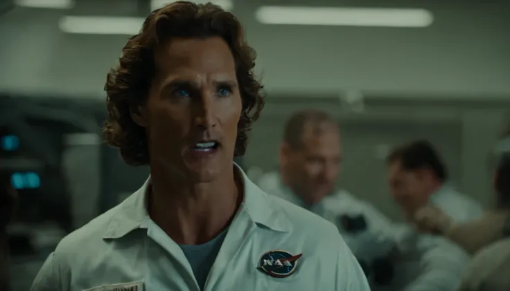 A closeup of a very shocked face of a Matthew McConaughey inside a NASA lab in a casual clothes, vintage shot, Panavision