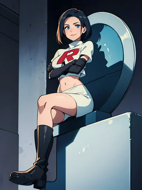 Leonie Pinelli, short hair,,Team Rocket uniform, red letter R, White Skirt,White crop top,Black thigh-high riding boots,Shiny black boots、Black elbow gloves, The whole body is visible,A confident smile,Cross your arms,Sit on a chair,Looking down from direc...