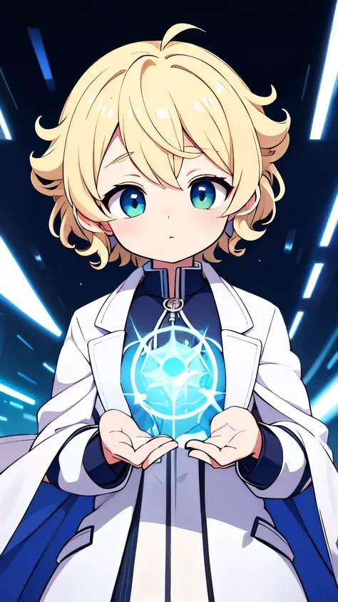 Alchemist,Unknown gender,highteen,Floating in the sky,White coat-like jacket,Curly hair,Light blonde short hair,right eye is blue,left eye is green,Light coming out of hands