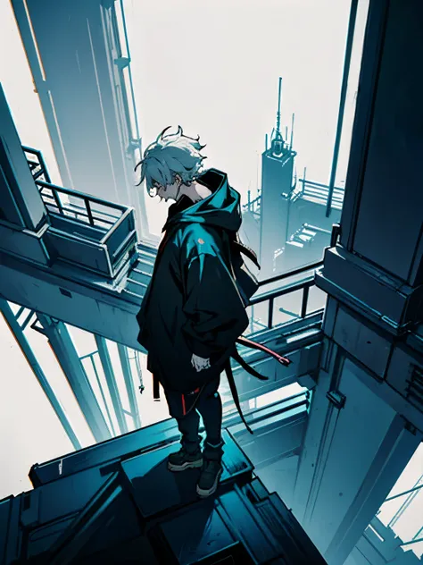 Boy, short hair, wearing cyberpunk hoodie, white hair, standing on top of a tall building where the whole city is visible,high angle view