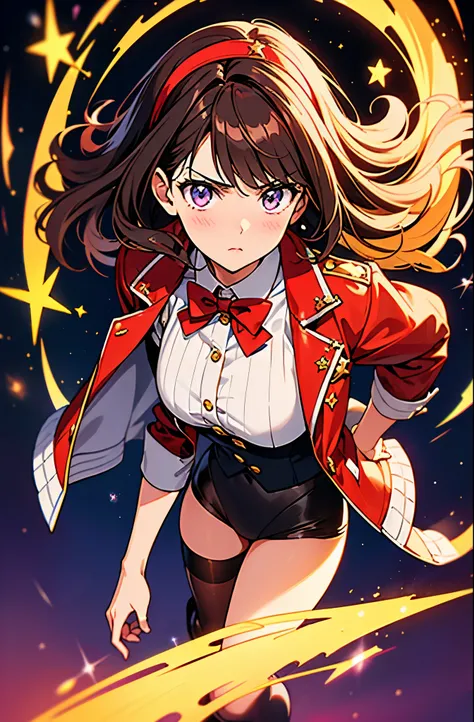 Woman with brown eyes, age 21 (medium hair, dark brown hair, wavy hair, red hairband), ahoge, ((white blouse with black stars, vest, jacket, opened jacket, red jacket with stars)), (leotard, bare legs, black thigh highs, high-heel shoes), purple stellar en...