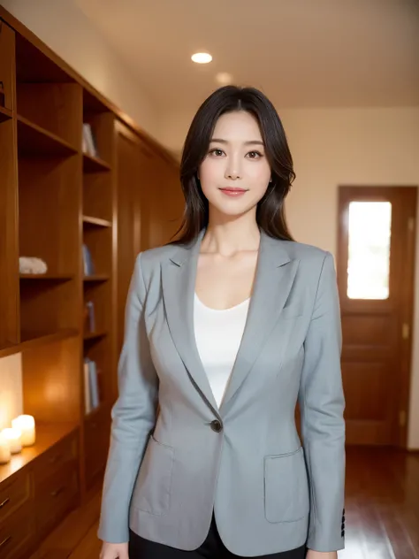 masterpiece,highest quality, (One mature woman、42 years old), Grey blazer, White shirt, double eyelid, eyelash, Lip gloss, (smile:1), ((近い your eyes:0.85)), ((Looking at the audience、The whole body is reflected、Are standing)), to be born, (From above:0.2),...