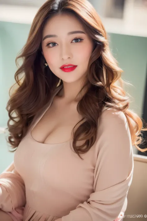 ((Best quality, 8K, Masterpiece :1.3)), a woman with emphasized hourglass figure: 1.3, (long, wavy hair: 1.2), intricately layered clothing: 1.2, (red lipstick and blush: 1.1), highly detailed facial features, expressive eyes with thick lashes, sitting con...