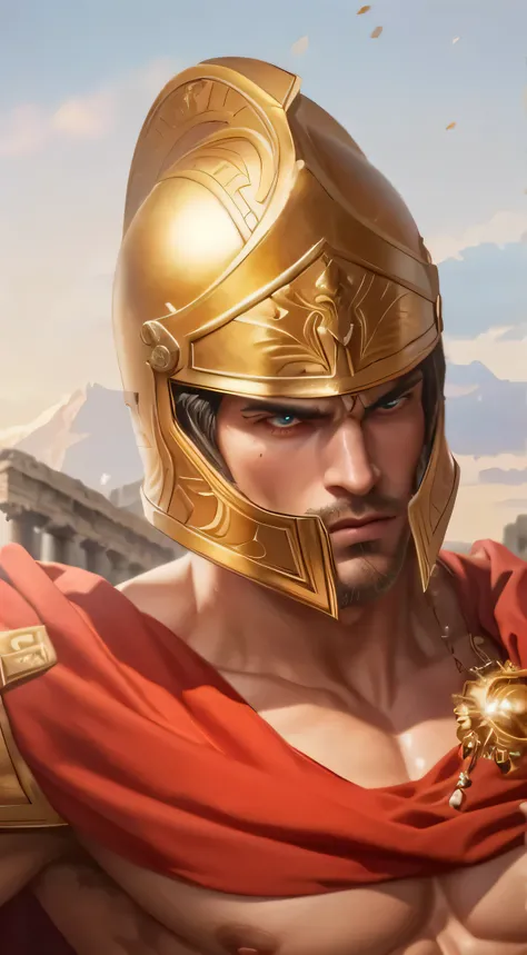 Close-up of a man wearing a helmet and a red cape,  Angry expression，Game art promotion style，spartan warrior, portrait of greek god ares, He wears an ancient Greek tunic decorated with gold elements.  The expression on his face was serious.  frown, attitu...