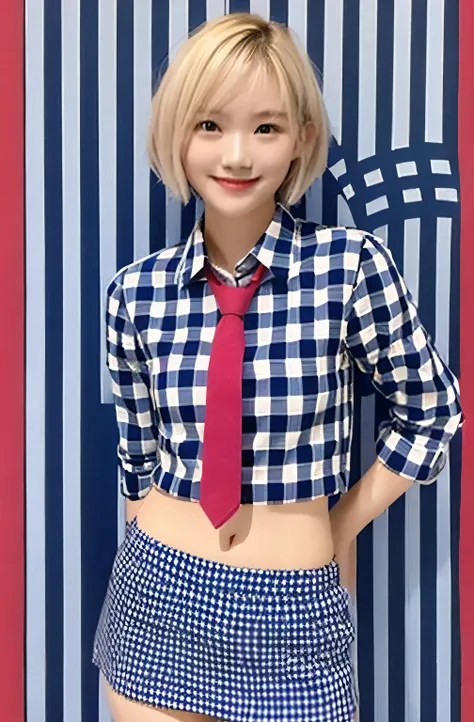 17 years old、Japanese、Blonde、Small breasts, , Very short hairstyle, Red and navy checkered tie, Navy blue mini skirt, Light blue shirt, Idol Sculpture, Wet, smile、Pink wall、Her underwear is slightly visible、sexy、slender