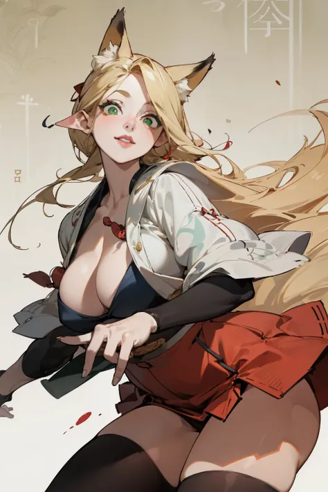 solitary,  (Fox ears), Exquisite eyes, blond hair，Facial details, Green Eyes, Red Eyeshadow, lips are red,  Fake laugh, Ukiyo-e, masterpiece, high quality, big breasts，Red skirt，Black tights，High heel，Exposing thighs