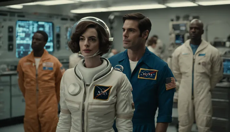 Anne Hathaway, David Gyasi and Wes Bentley in the astronaut costume ready to go inside the NASA lab, Vintage shot, Panavision