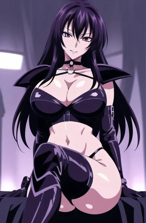 (night:1.7), , , collarbone,choker,black outfit,belly button, Torn_Clothes, Torn_leg wear,Lock,collar, shoulder armor, High leg,boots,Thighhighs, purple_eye,,black_hair,very_length_hair,elbow_gloves, 1 girl, 20 years,mature woman,beautiful Finger,beautiful...