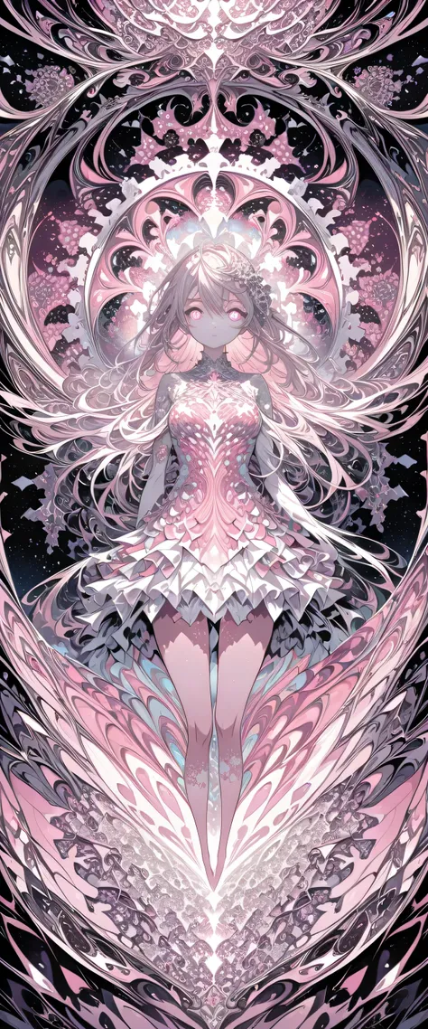 (Absurd, High resolution, Super detailed), One girl, alone, Highly detailed eyes, (Official Art, beauty and aesthetics: 1.2), (Fractal Art: 1.3), white pink color scheme, Most detailed