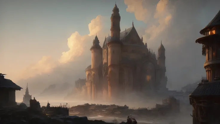 "(by Greg Rutkowski: 1.2), (masterpiece), ((best quality)), extremely delicate and beautiful, illustration, dynamic lighting, (fantasy landscape), A mesmerizing fantasy landscape with enchanting elements blending seamlessly. ((medieval coastal city (Neverw...