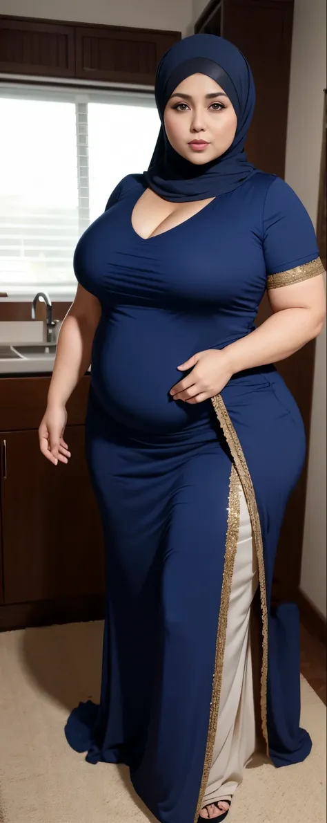 Chubby woman with fat belly and tight thighs, full body, 50-year-old mature woman, thick hips, thick neck, thick chest, big eyes, wearing a longest dress, wearing a hijab, hijabi woman