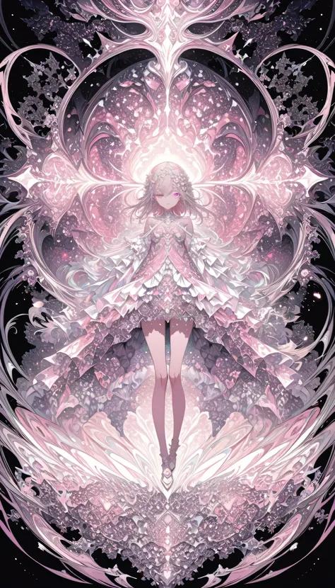 (Absurd, High resolution, Super detailed), One girl, alone, Highly detailed eyes, (Official Art, beauty and aesthetics: 1.2), (Fractal Art: 1.3), white pink color scheme, Most detailed