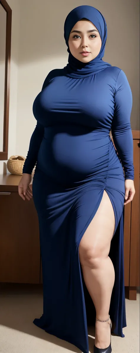 Chubby woman with fat belly and tight thighs, full body, 50-year-old mature woman, thick hips, thick neck, thick chest, big eyes, wearing a longest dress, wearing a hijab, hijabi woman