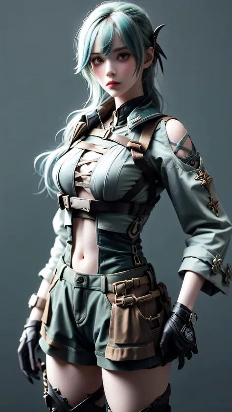 ((Live 2D))  masterpiece, One girl, whole body, Stand up straight, steampunk clothes, uniform, View your viewers, Detailed face, girl with green Wavy Hair, bangs, metal sheep horn, Gradient Hair, Multicolored Hair, Bright green hair, Turquoise hair tips, W...