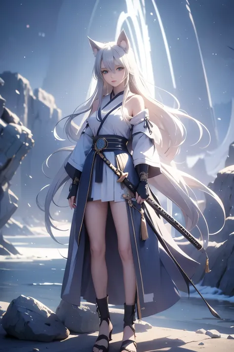 A wolf girl, age 20, wolf girl, standing, looking to the viewer white long hair,  sandals ,samurai captain,beautiful detailed eyes,beautiful detailed lips,extremely detailed eyes and face,longeyelashes,(best quality,4k,8k,highres,masterpiece:1.2),ultra-det...