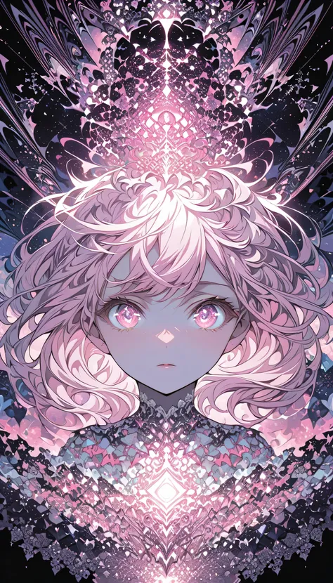 (Absurd, High resolution, Super detailed), One girl, alone, Highly detailed eyes, (Official Art, beauty and aesthetics: 1.2), (Fractal Art: 1.3), white pink color scheme, Most detailed