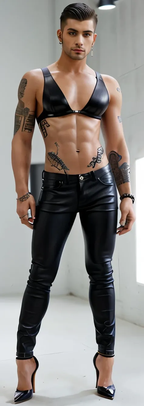 Athletic hunk man with very short hair, tight leather jeans,  very high stiletto heels with pointy toes, earrings, bra ,nylons, tattoos, jewellery 