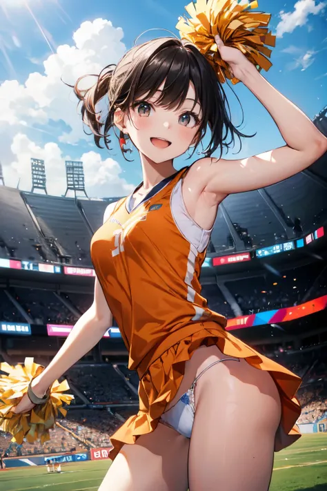 very cute and beautiful cheerleader girl,(highly detailed beautiful face),(holding pom poms:1.1),(laugh),
(stadium stands),cowboy shot,dynamic pose,(white panties),(sleeveless orange shirt),beautiful legs,looking at viewer,black hair,
(best quality,masterp...