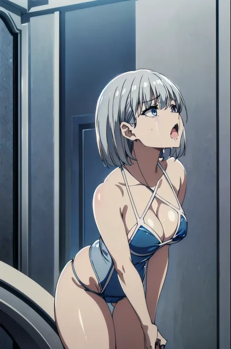 beta, silver hair,blue eyes,,short beta, silver hair,blue eyes,,short hair,masterpiece,best quality,highres,ultra-detailed,aamitsuri,long hair,,bangs,cleavage,school swimsuit,blue swimsuit, swimsuit,one-piece swimsuit,ahg rolling eyes tongue (((blusch,plea...