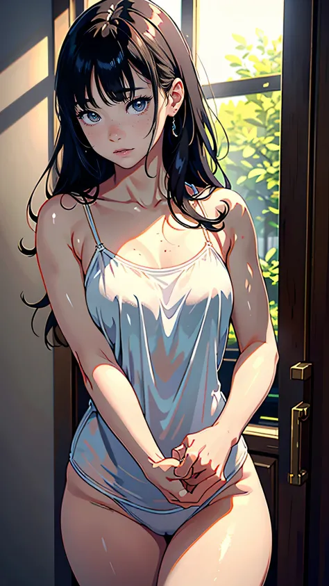 masterpiece, highest quality, (Highly detailed CG Unity 8k wallpaper), (highest quality), (Best illustrations), (Best Shadow), Confused, Realistic lighting, (abyss), Beautiful and delicate shine,Random Pause,((camisole)),Cute freckles on the cheeks,Mole un...