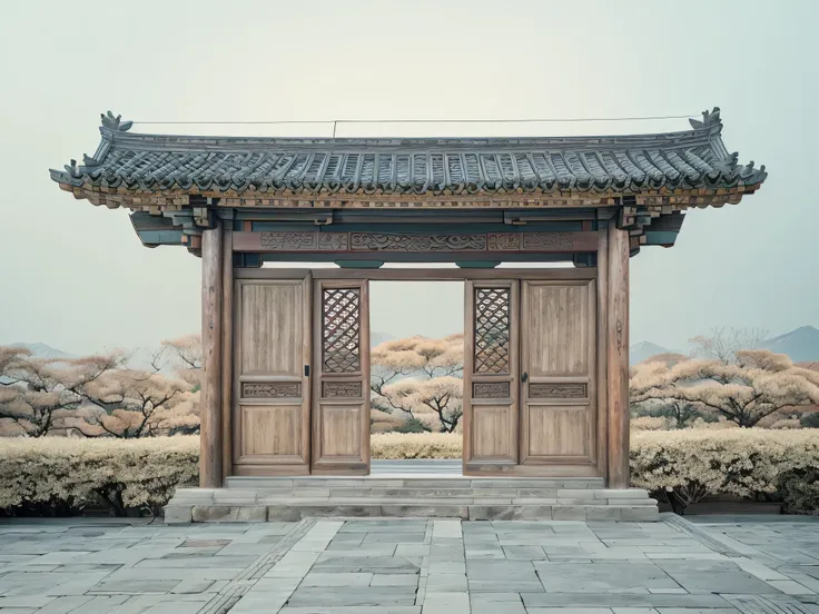 There is a small wooden structure with a door and a roof, ancient Chinese Architecture, by Yun Du-seo, Chinese Architecture, By Fei Danxu, author：Simon Gowan, by Wang Yi, Inspired by Wang Yi, by Wang Jian, by Cheng Zhengkui, by Li Zai, In line with Chinese...