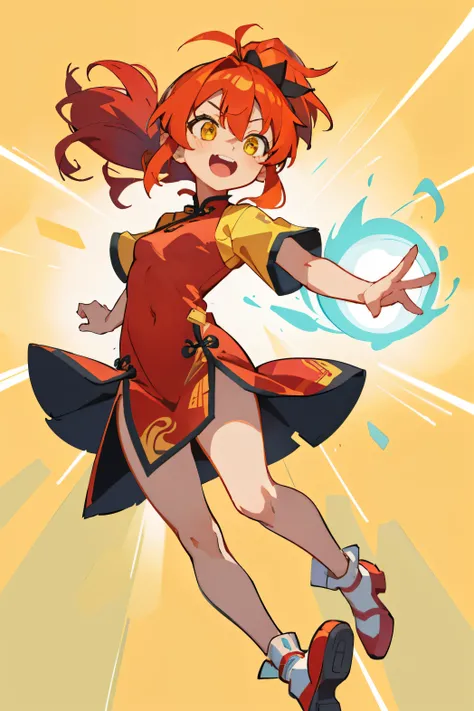 masterpiece, highest quality,  Small breasts、crimson hair、ponytail、Green hair ribbon、８age、Brat、Dynamic Angle、Glowing yellow eyes、Bangs between the eyes、Chili pepper hair ornament on bangs、Ahoge, China dress、Kung Fu Shoes、Look at the viewers, Laughter, Open...