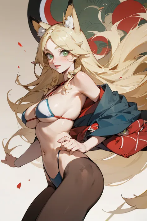 solitary,  (Fox ears), Exquisite eyes, blond hair，Facial details, Green Eyes, Red Eyeshadow, lips are red,  Fake laugh, Ukiyo-e, masterpiece, high quality, big breasts，Black tights，High heel，Exposing thighs，bikini